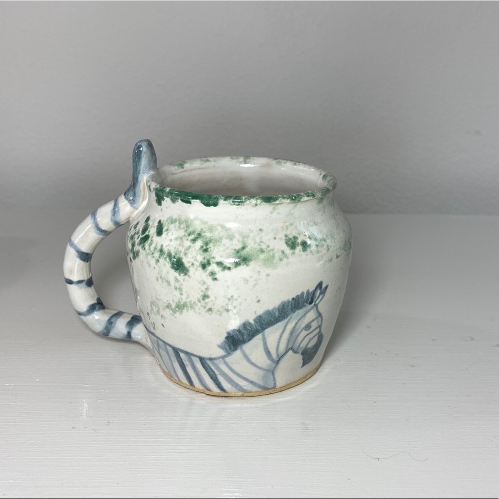 Zebra stripe Mug Blue White Green Handmade pottery